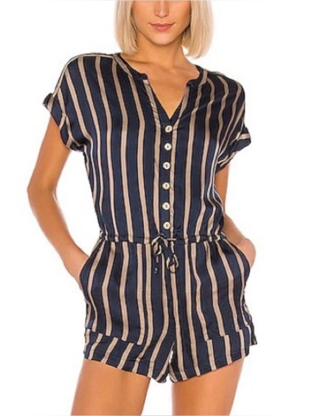Chaser Navy & Beige Vertical Stripe Button Romper